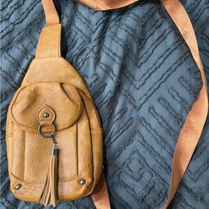 Tan Leather Crossbody Bag with Tassel